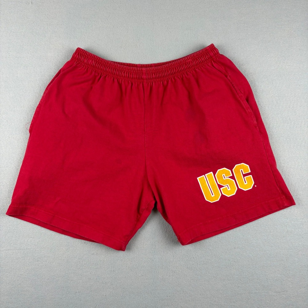 VTG MV Sport Mens Medium USA 90s USC Trojans Cotton Running Gym Shorts Red NCAA